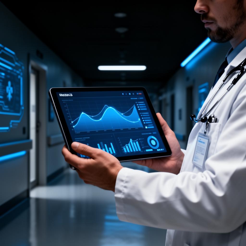 Doctor using tablet with analytics dashboard