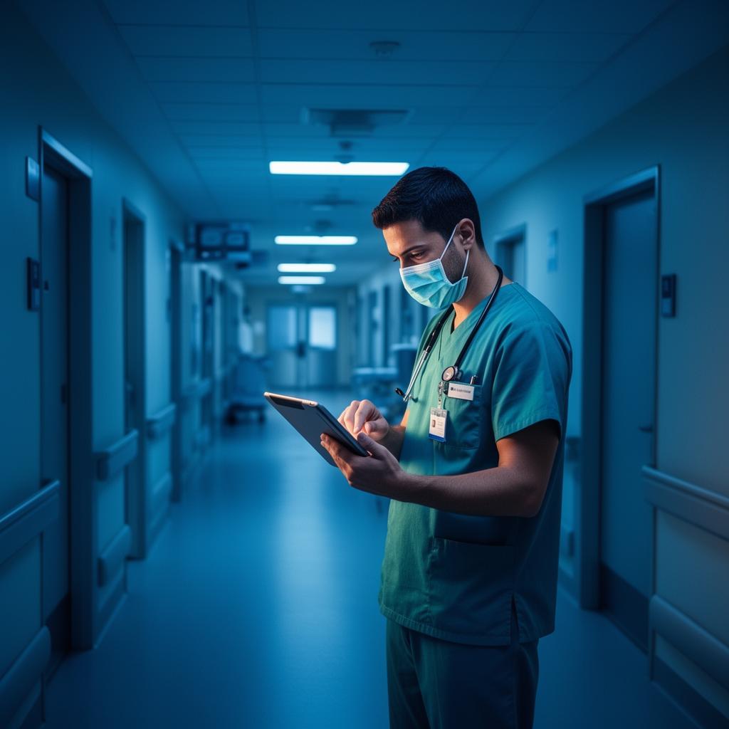 Surgeon using tablet in hospital